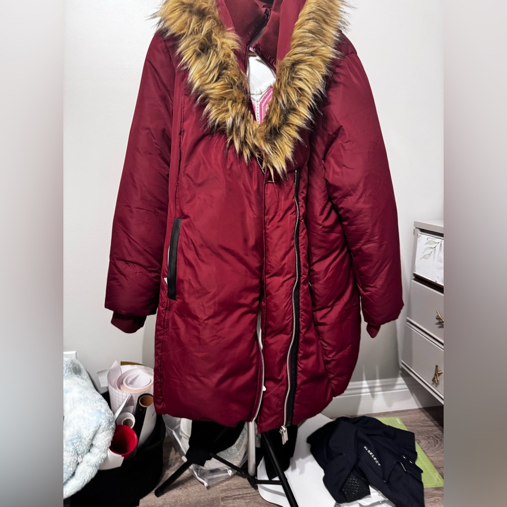 Stylish Burgundy Fur-Trimmed Coat